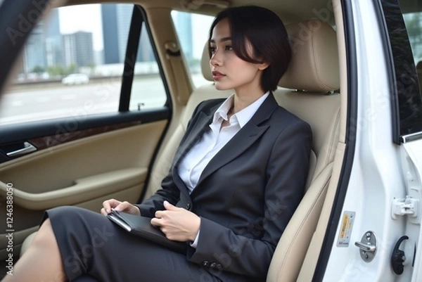 Obraz woman in dark gray suit in car with notebook looking out window