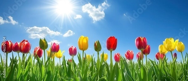 Fototapeta A vibrant field of tulips blooms under a radiant sun, showcasing a stunning display of colors in nature's beauty.