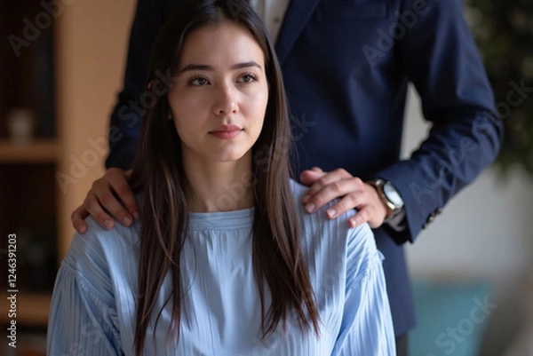 Obraz woman seated man standing behind her hand on shoulder supportive gesture