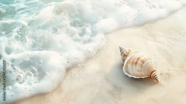 Fototapeta Seashell Rests on the Shore With Gentle Waves Lapping at the Sand During a Calm Morning by the Beach