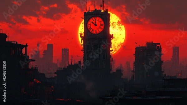 Obraz Vivid Sunset Over Abandoned Cityscape With Clock Tower Silhouetted Against Dramatic Red Sky