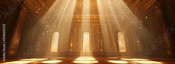 Fototapeta Royal Hallway Bathed in Warm Illumination,
Historic Hall with Dramatic Light Beams