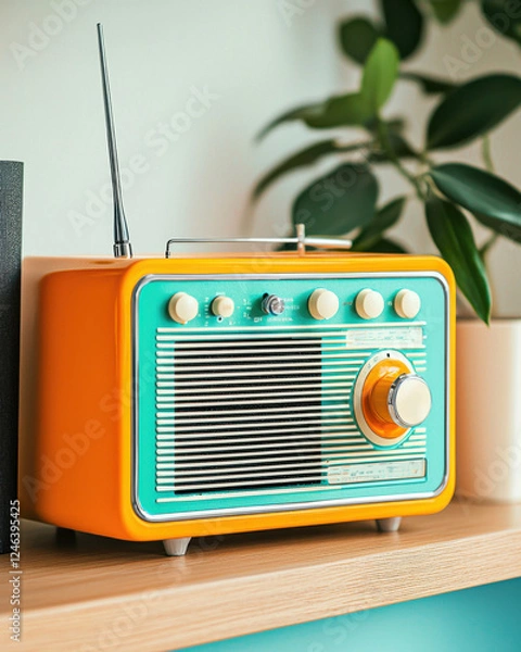Obraz vintage radio on wooden shelf with soft light creates nostalgic atmosphere