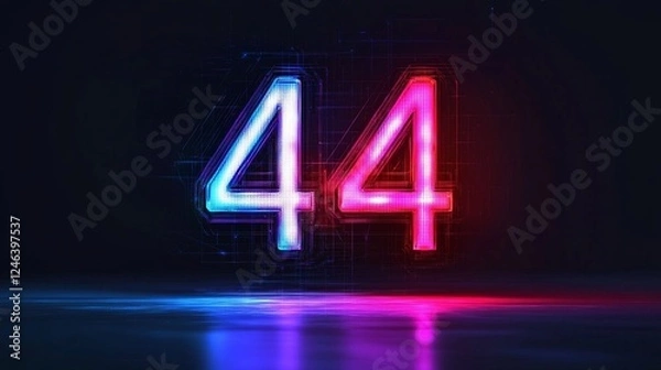 Fototapeta Glowing Neon Number 44 In Blue And Pink On Dark Background, Digital Art, 3D Rendering.