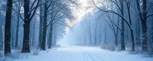 Fototapeta Snow-covered forest with bare trees and a misty atmosphere, peaceful, misty