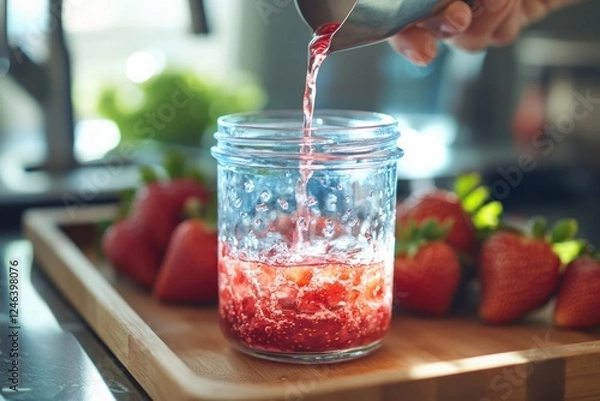 Obraz Pouring strawberry syrup into a jar.