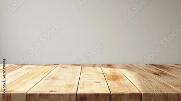 Fototapeta A wooden tabletop against a plain wall, suitable for presentations or displays.