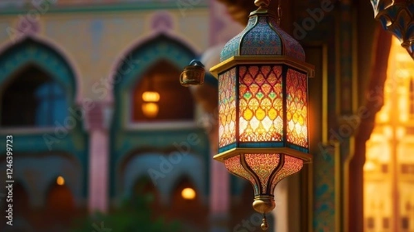 Fototapeta Ornate lantern illuminating a scene of Middle Eastern architecture