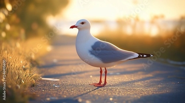 Obraz A seagull stands on a paved road with grass on both sides bathed in warm light. The background is blurred by the orange color of the setting sun.