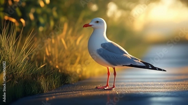 Obraz A seagull stands on a path in the warm glow of sunset, with blurred grass and trees in the background.