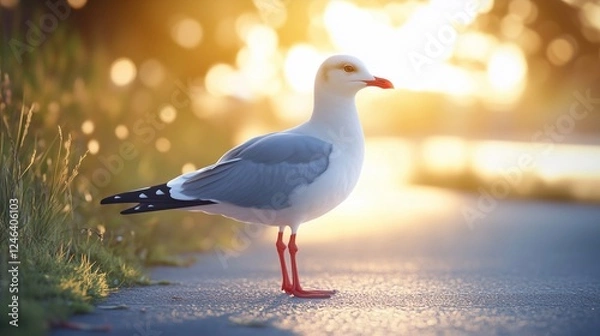 Obraz A moment of silence with seagulls standing on the road, basking in the warm light, the background blurred with orange bokeh of the setting sun.