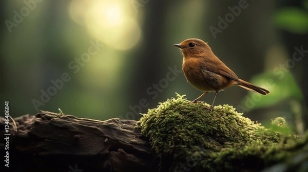 Obraz A small brown bird stands on a mossy log in the middle of a lonely forest, bathed in warm light. Blurred background. Use for background and ecosystem composition.