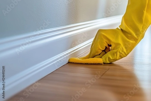 Obraz Effective cleaning of baseboards to remove dust and scuffs in a bright indoor space using a cloth and careful technique