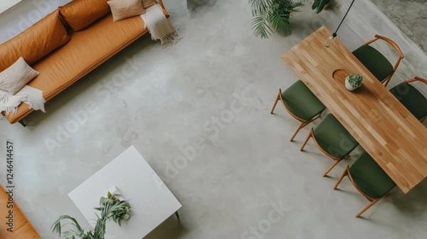 Fototapeta Top view on modern minimalist living and dining area, Scandinavian design in wood and porcelain tiles