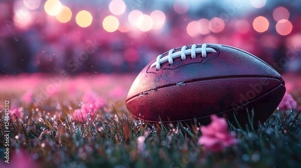Obraz American Football on Grass with Pink Flowers and Blurred Stadium Lights at Dusk
