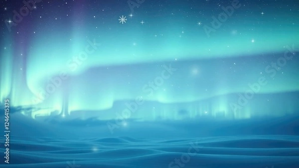 Fototapeta Softly glowing aurora borealis background with gentle snowflakes and twinkling stars, icy landscape, winter night sky