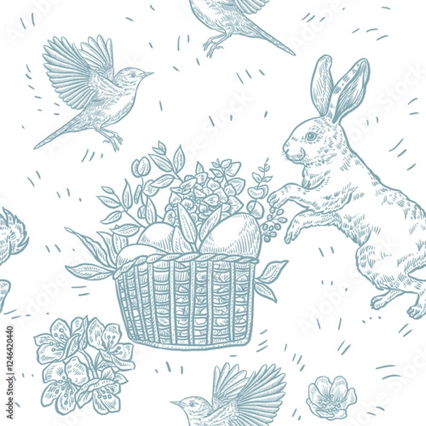 Fototapeta Easter seamless pattern with cute bunny rabbits, vintage style drawing, vector file