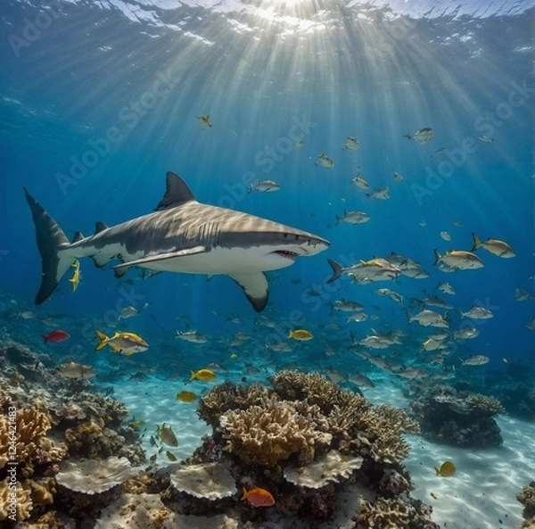 Obraz A great white shark swimming in clear turquoise waters, sunlight filtering through the waves, with a bright sandy ocean floor bA hammerhead shark gracefully gliding in a shallow coral reef, surrounded