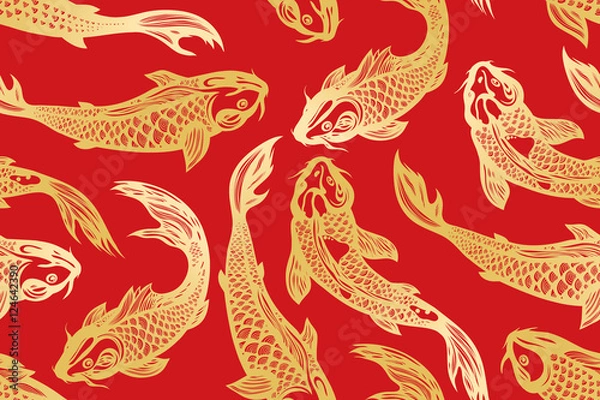 Fototapeta Seamless pattern with koi carp fish. Pond. Background in the Chinese style. Hand drawn. 