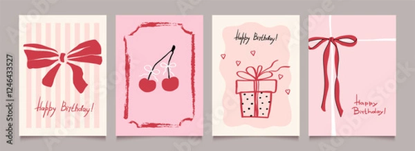 Fototapeta Birthday greeting cards set with bows, ribbons, frames and cherry. Hand drawn design for gifts, posters, banners, invitations and party backgrounds.