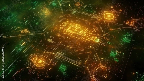 Fototapeta A global fintech network with interconnected financial hubs glowing in a cyber-style background.