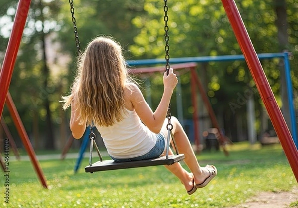 Fototapeta girl on a swing in the playground at summertime