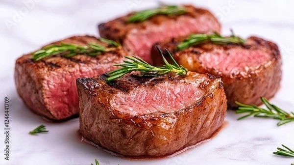 Obraz Grilled steaks rosemary garnish marble background food photography recipe