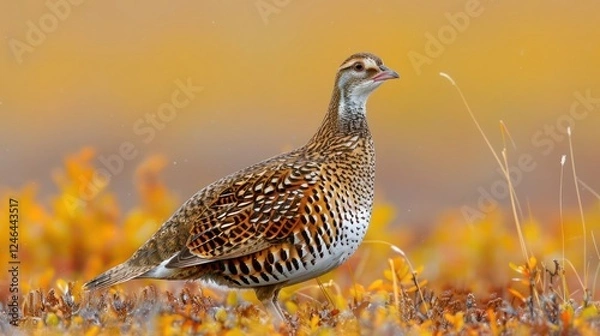 Fototapeta A vibrant bird stands gracefully among autumn foliage, showcasing its colors in a serene landscape