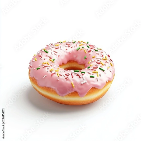 Fototapeta Pink glazed donut with colorful sprinkles, enticing fast food treat, isolated on a clean white background, vibrant and appetizing design