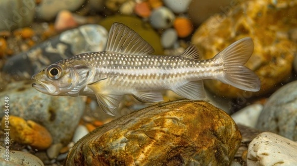 Fototapeta Underwater view of a fish swimming among pebbles in a clear stream, showcasing aquatic life