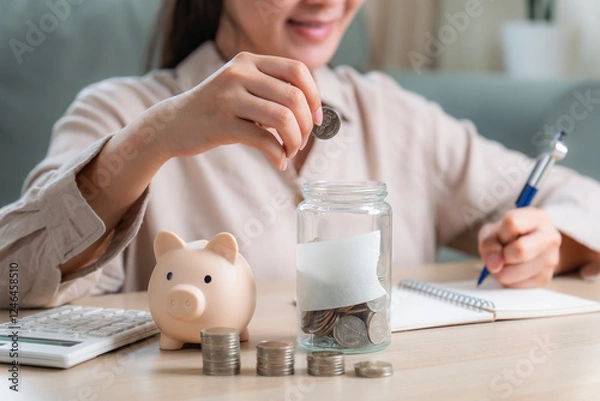 Obraz Asian woman hand put coins in piggy bank,Saving money wealth and financial concept. 