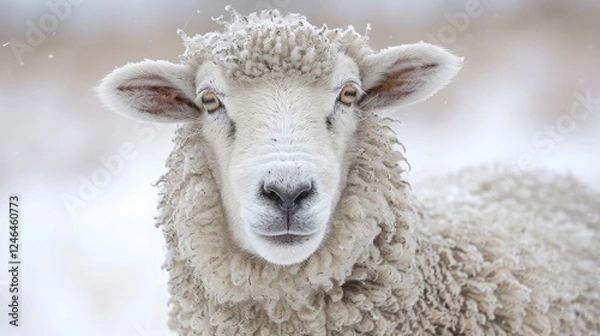 Fototapeta Close-up of a fluffy sheep in a snowy landscape, showcasing its expressive eyes and soft wool