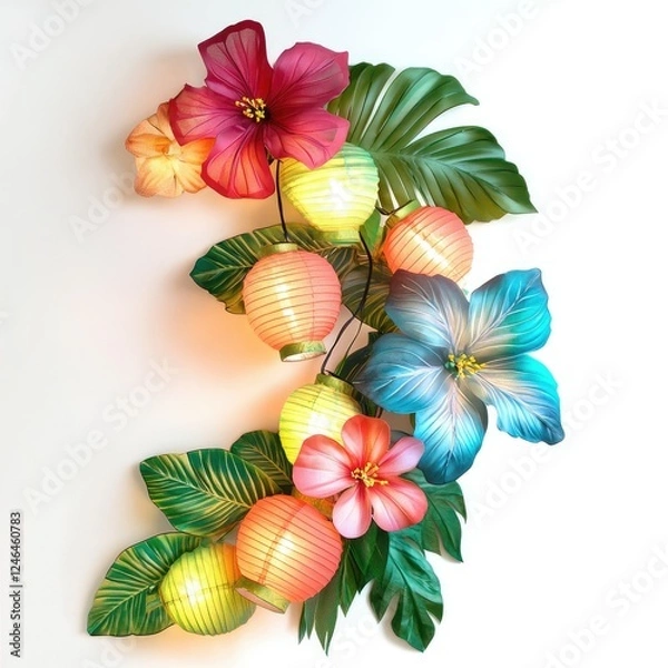 Obraz A string of colorful lanterns intertwined with tropical leaves and exotic flowers, glowing softly on a white background