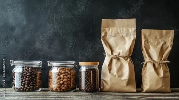 Fototapeta Rustic pantry jars and packaging on dark countertop