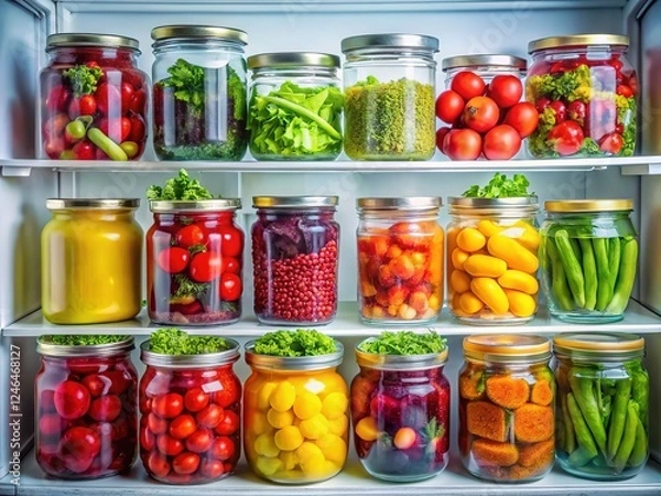 Fototapeta Optimize fridge organization.  Arrange glass boxes and cans in thirds for optimal cooling.