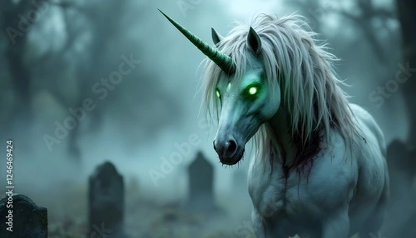 Fototapeta Spectral Unicorn Apparition in a Mist-Shrouded Graveyard Setting