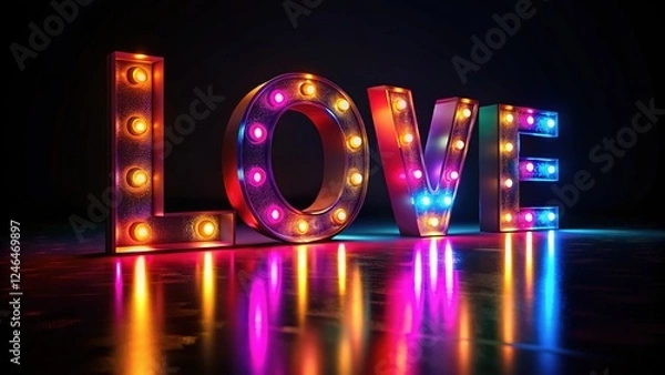 Fototapeta Minimalist 3D love letters, black background, glowing.