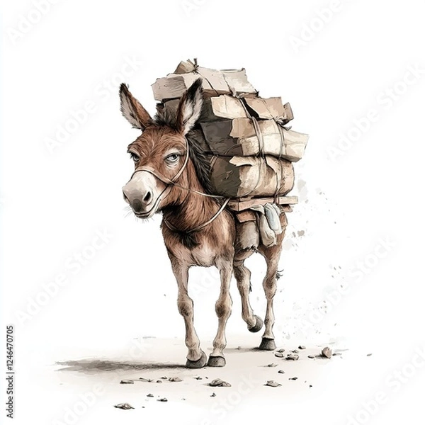 Fototapeta Overloaded Donkey of Debt, vintage illustration, earthy tones, symbolizing burdens and financial struggles, isolated against white backdrop