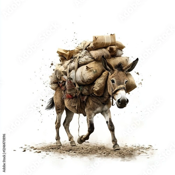 Fototapeta Overloaded Donkey of Debt, vintage illustration depicting burdens, earthy hues, symbolizing financial struggle and isolation.