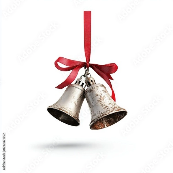 Obraz Elegant Christmas Bells Adorned with Red Ribbon, Shiny Metal Finish, Isolated on White Background, Perfect for Holiday Cheer