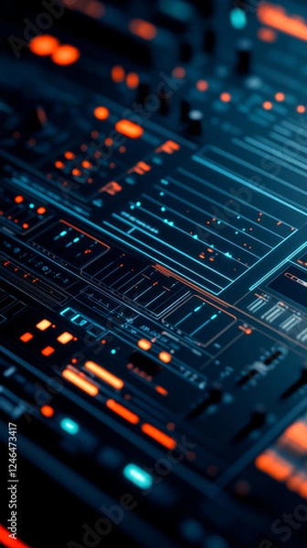 Fototapeta A visually striking, close-up view of a futuristic digital interface with vibrant blue and orange lights, showcasing intricate patterns and lines.