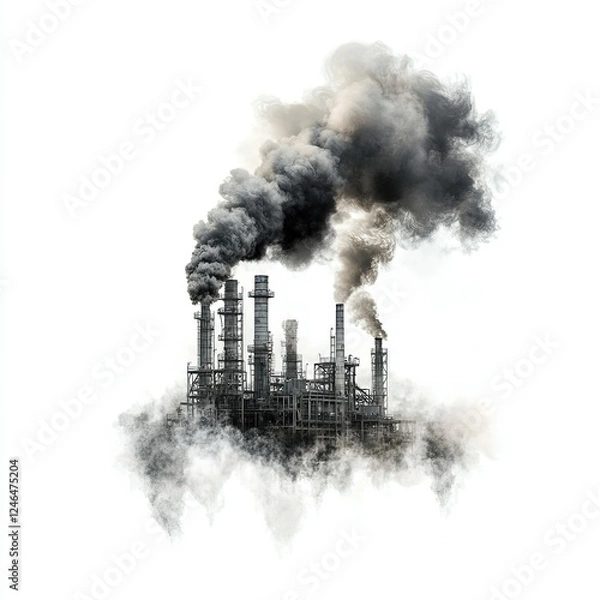 Fototapeta Industrial factory belching smoke, symbol of pollution, dystopian art, dark tones, stark contrast against white backdrop