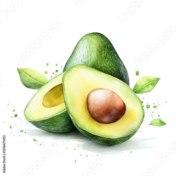 Fototapeta Half Avocado Artistry, vibrant green and brown hues, watercolor illustration of a fresh avocado, set against a clean white backdrop