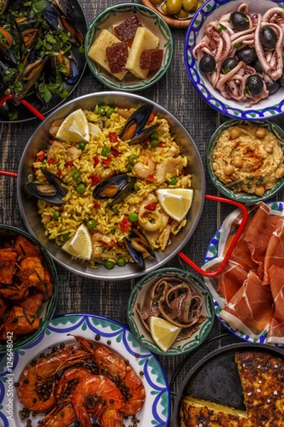 Obraz Typical spanish tapas concept, top view.