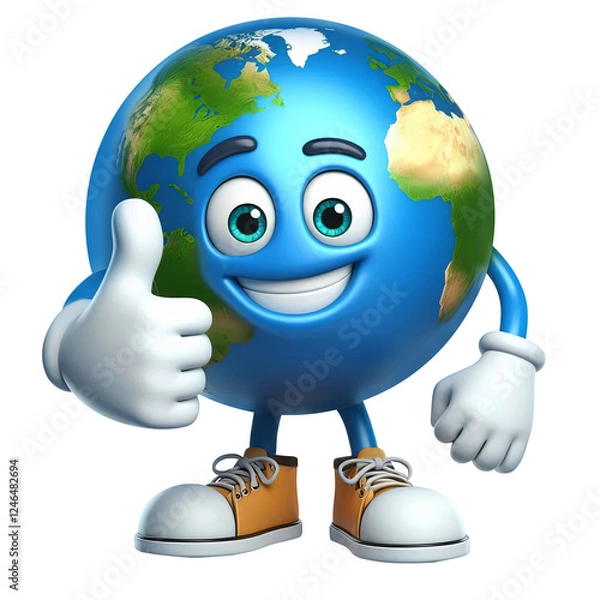 Fototapeta Happy cartoon earth giving thumbs up isolated on transparent background, png image 