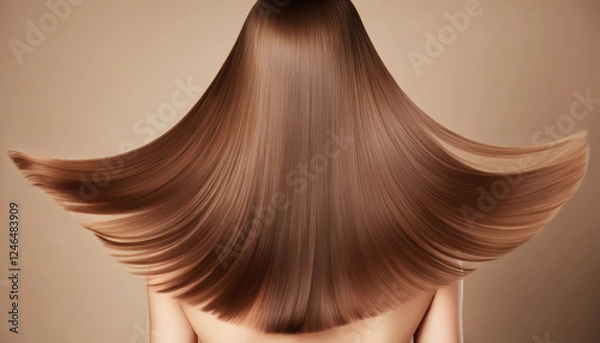 Obraz  a woman with long, straight, brown hair. The hair has an even color and looks healthy and shiny
