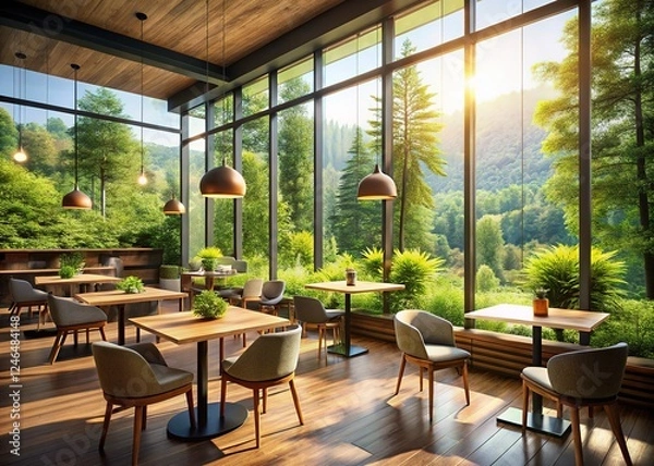 Fototapeta AI-enhanced forest view captures the cafe's modern aesthetic.