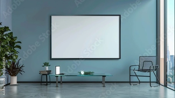 Obraz A floating rectangular frame on a glass wall in a contemporary office.  HD 8K mockup wallpaper Photographic Image