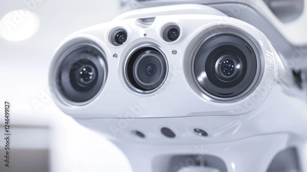 Fototapeta Closeup of a compact advanced camera integrated into a telemedicine station highlighting its multiple lenses and adjustable settings. The setup is designed for highquality video calls