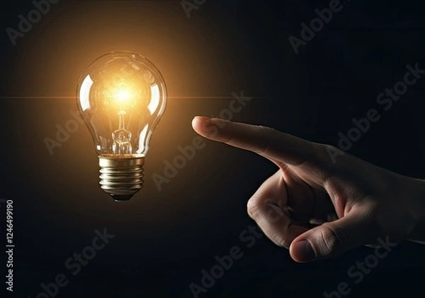 Fototapeta index finger pointing at an illuminated bulb